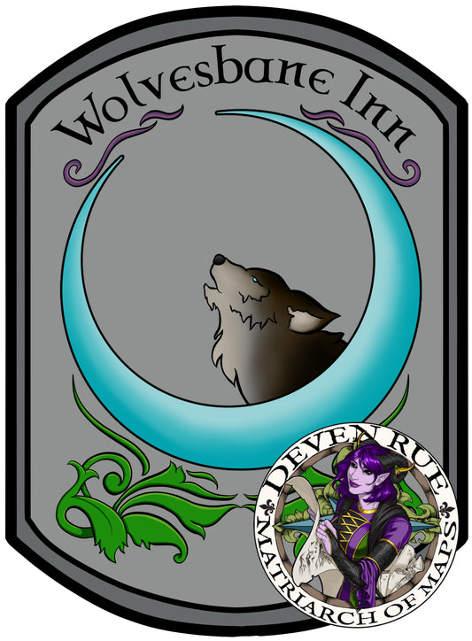 A blue-eyed wolf howls in the middle of a blue crescent moon that is over mirrored leaf embellishments. The text “Wolvesbane Inn” is at the top with purple swirls under it.  Deven Rue’s logo is in the lower right-hand corner and features a purple tiefling drawing a map.