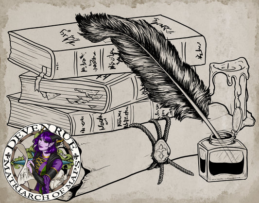 Lined illustration of a quill in an inkwell in front of a rolled-up scroll with a wax seal holding it closed. An unlit candle and a stack of books sit in the background.