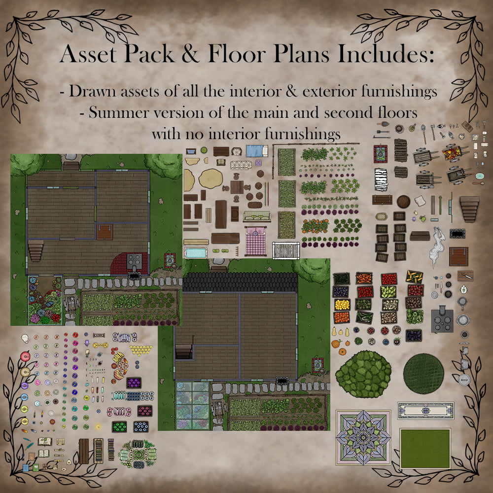 A graphic showing the items included in the Asset Pack & Floor Plans pack with examples of the graphics.