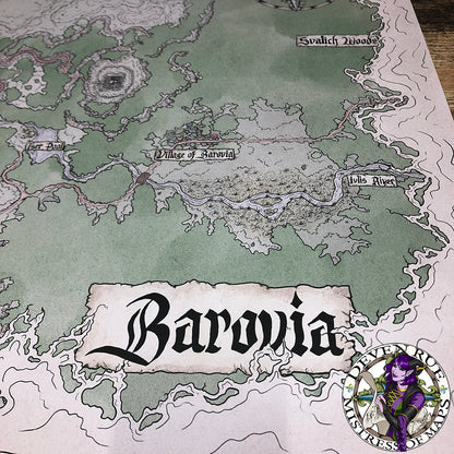 A photo of the Barovia prop map, close up on the Village of Barovia and the title to show detail.