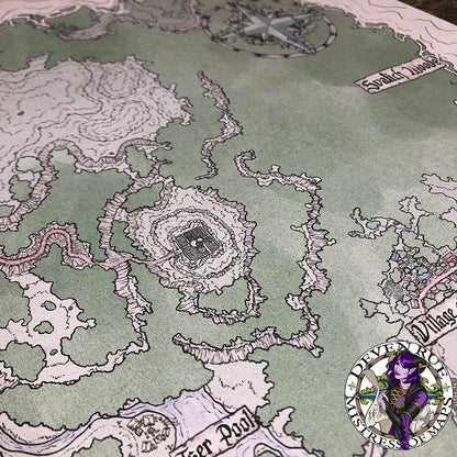 A close up of the house on the hill in front of the Svalich Woods on the Barovia map by Deven Rue.