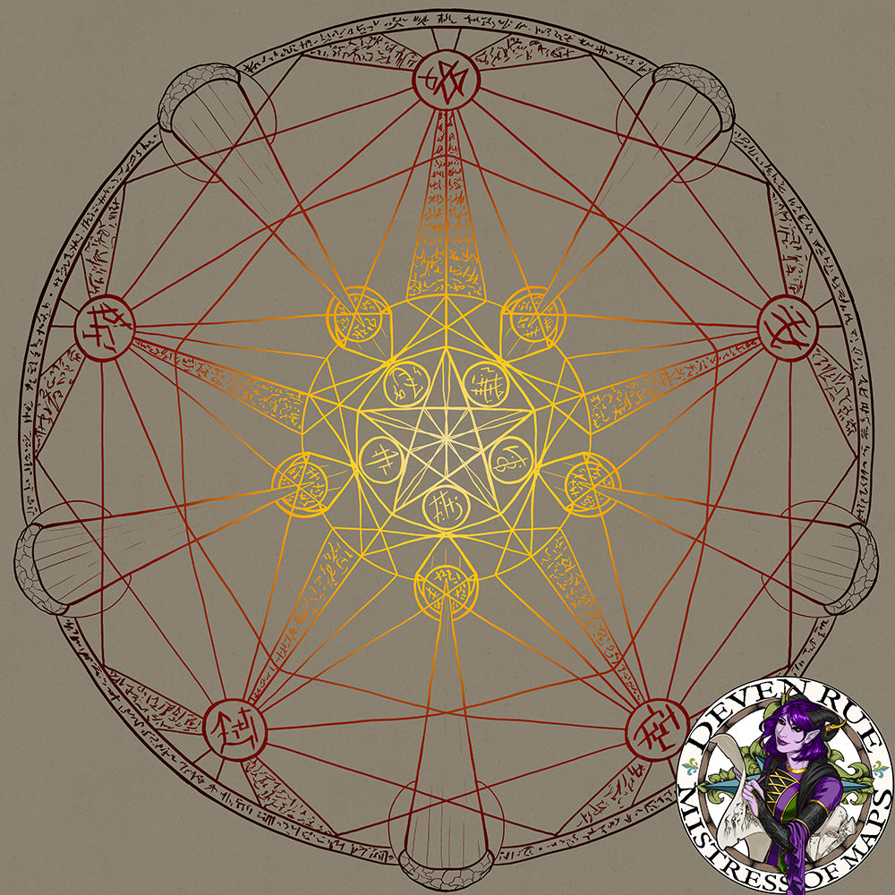 The summoning circle with red, orange, and yellow lines and arcane symbols (activated).