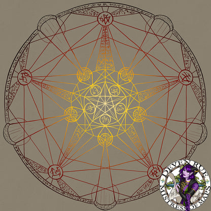 The summoning circle with red, orange, and yellow lines and arcane symbols (activated).