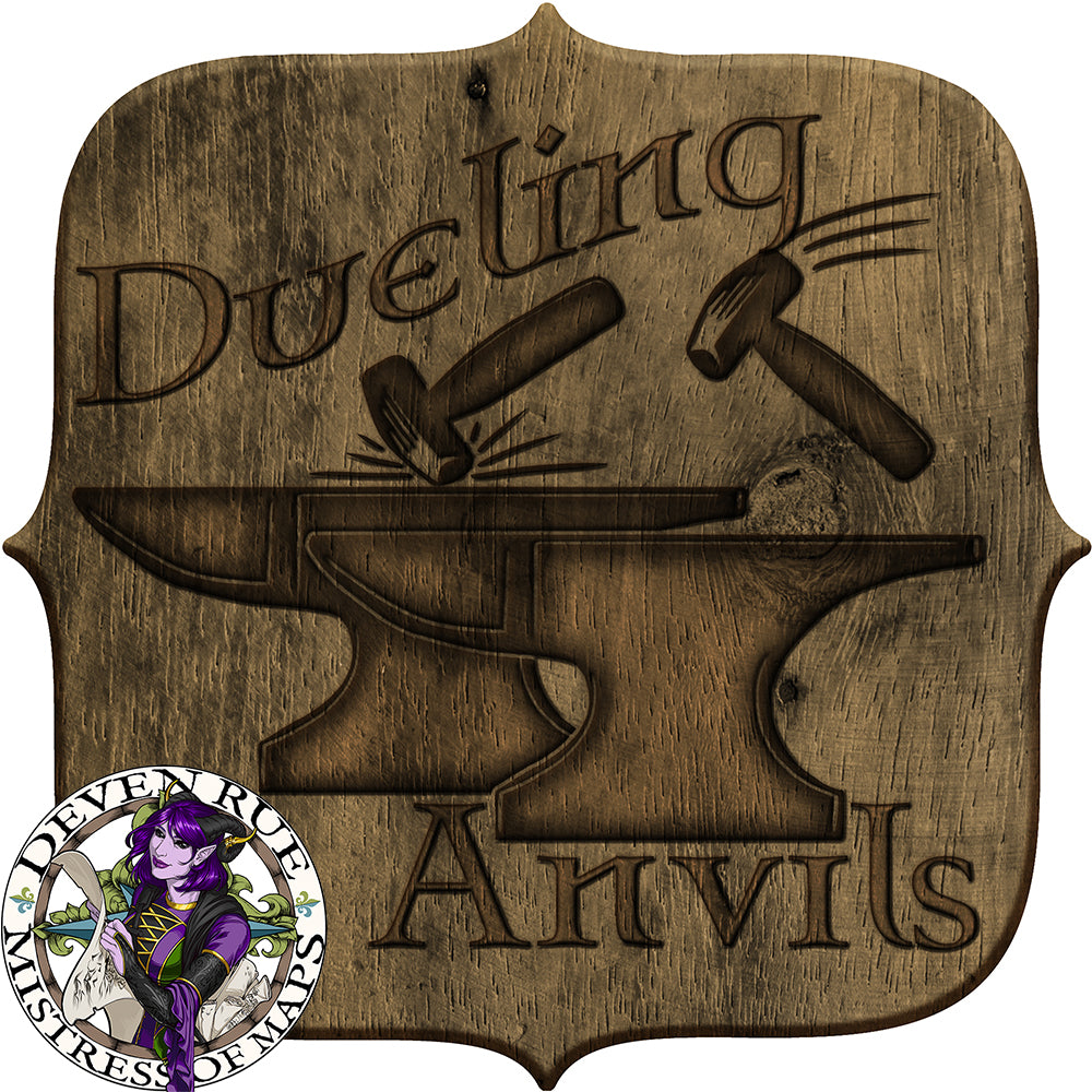 An illustration of a sign for the Dueling Anvils with a pair of anvils being stricken by hammers.