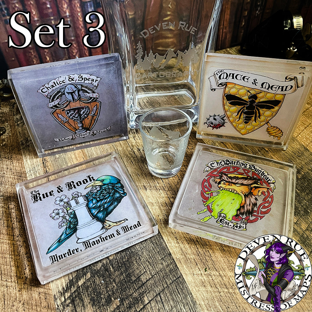 Set 3 of the Tavern Coasters by Deven Rue featuring the art for the Chalice & Spear, Mace & Mead, the Rue & Rook, and The Barfing Bugbear taverns.