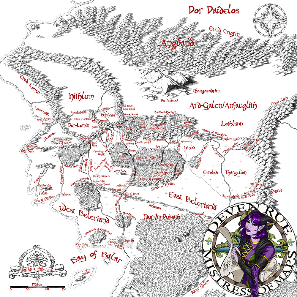 A black and white stylized map of Beleriand in the First Age of Middle Earth with writing in red.