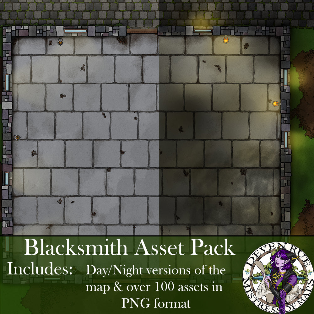 A preview of the Blacksmith Asset pack showing day and night versions of the blank shop map.