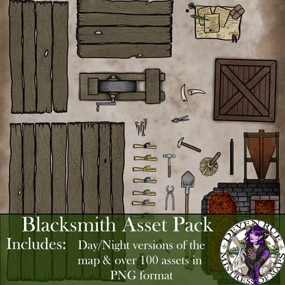 A preview of the blacksmithing tools and equipment included in the pack.