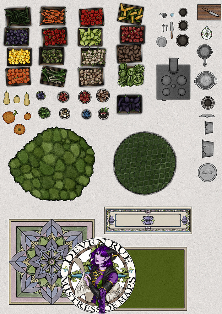 A graphic with the item tokens and furnishings of the Blooming Bounty Apothecary.