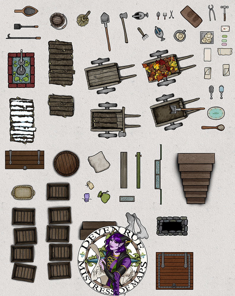 A graphic showing furnishings and accessories at the Blooming Bounty Apothecary.