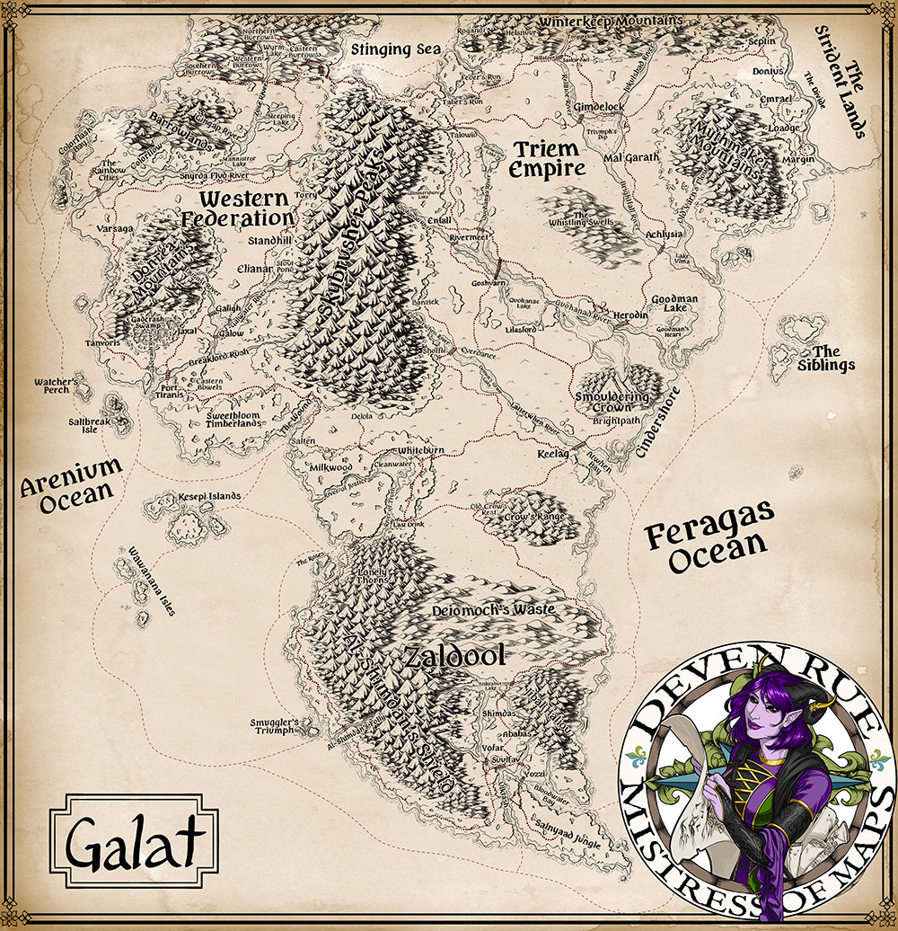 A weathered continental fantasy map labeled Galat with the Deven Rue logo in the corner.