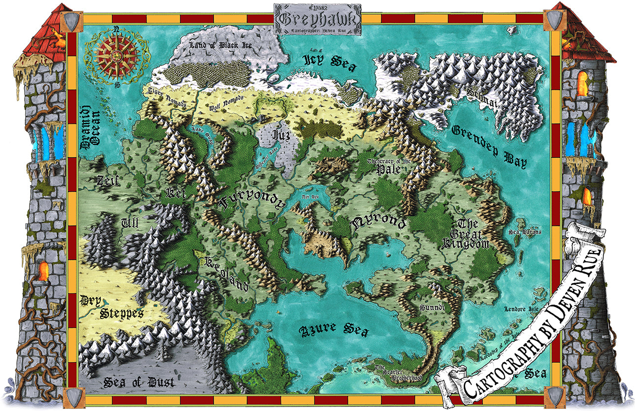 A color version of the Greyhawk map in Deven Rue's style surrounded by tower ruin illustrations.