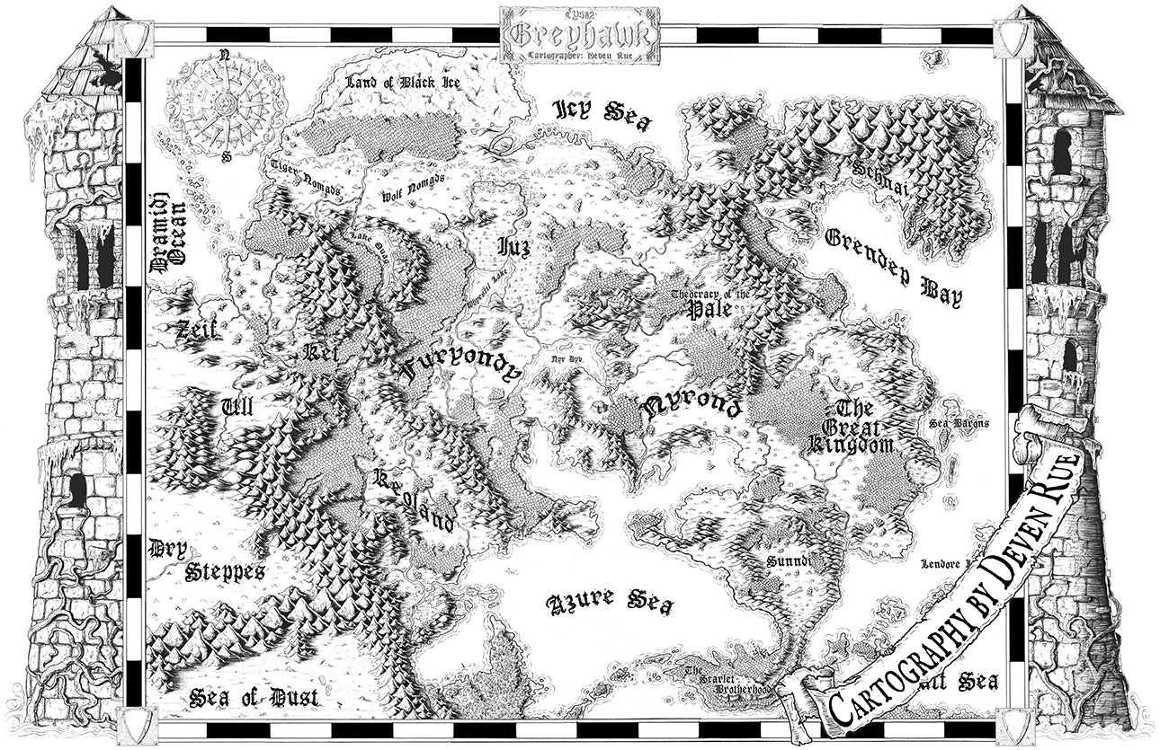 A black and white version of the Greyhawk map in Deven Rue's style surrounded by tower ruin illustrations.