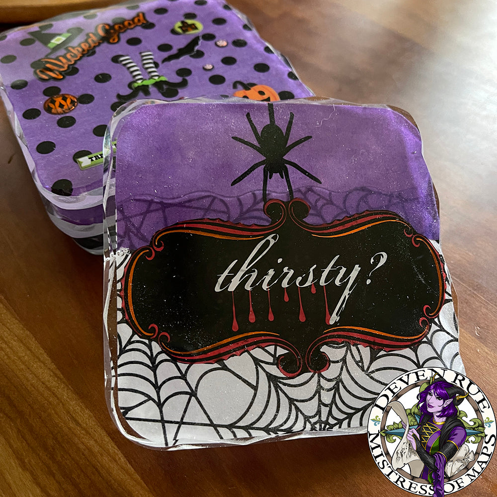 A close up of the third Halloween coaster.