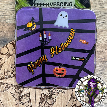 A close up of the Happy Halloween coaster.