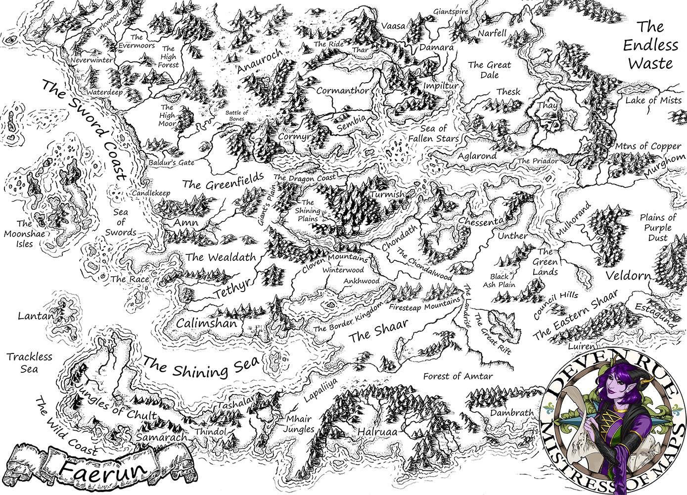 A black and white map of Faerun in Deven Rue's style.