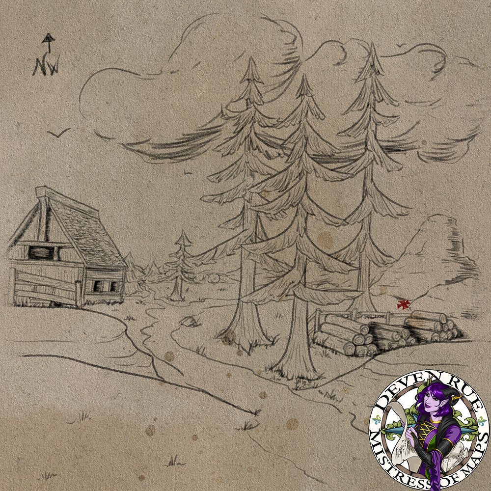 A sketch drawing of a mountain cabin scene with a red x in the distance. The Deven Rue logo is in the corner.