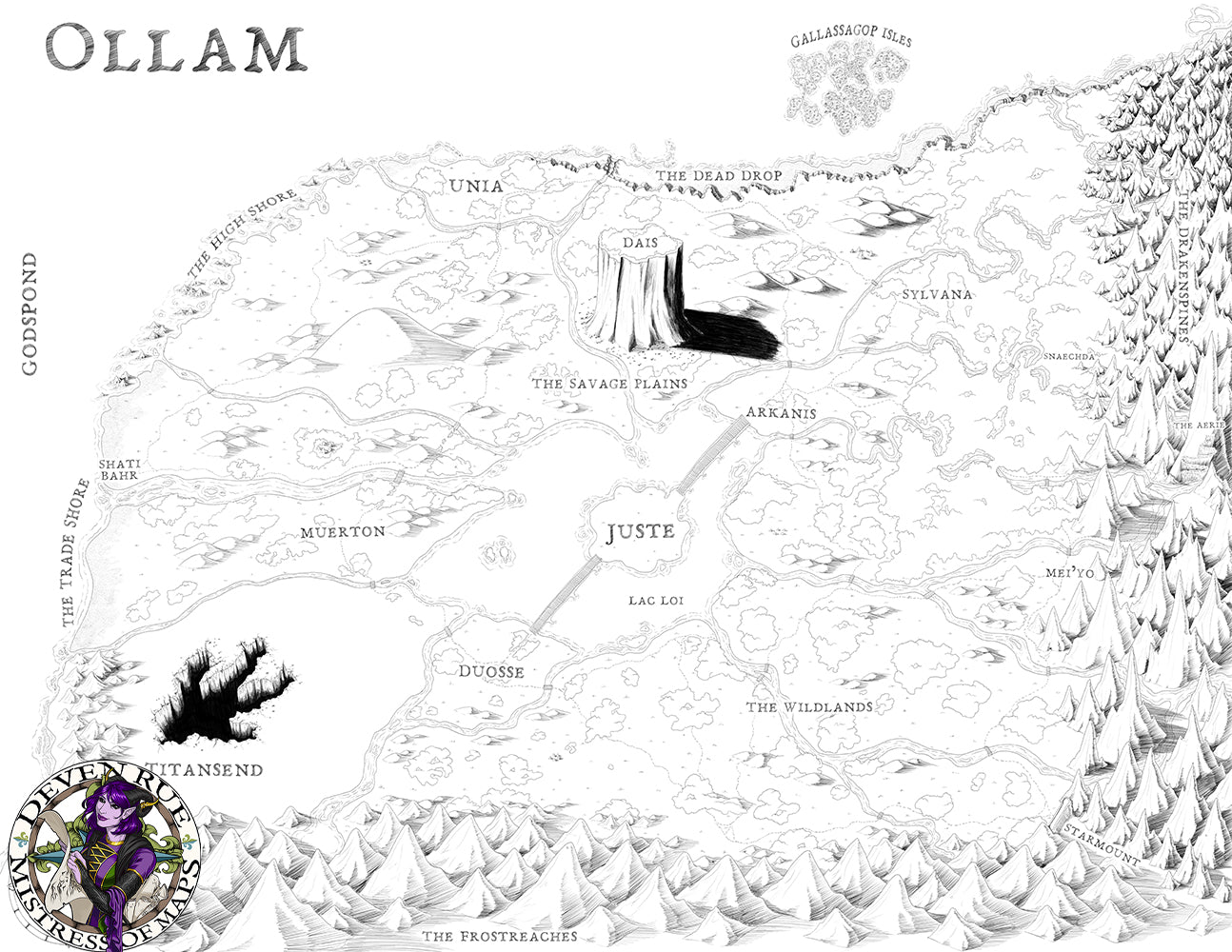 A black and white map of a place called Ollam.