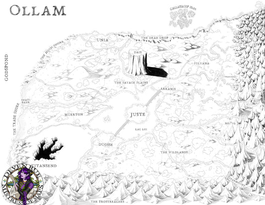 A black and white map of a place called Ollam.