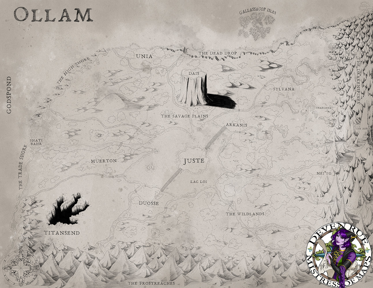 A map illustration of a fantasy place called Ollam with high mountains on two sides and a shore on two others.