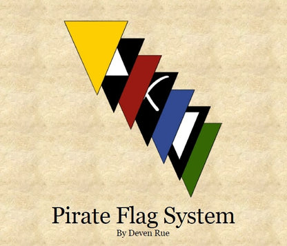 Triangular flags with different colors and shapes are stacked up to display the differences in the Pirate Flag System cover art by Deven Rue.