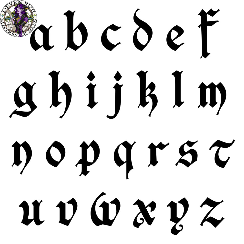 The lowercase alphabet in an elegant pirate themed font.