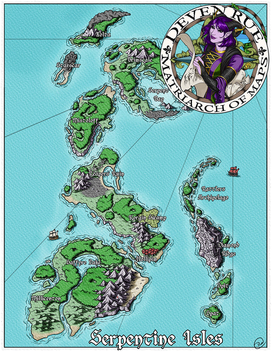A colorful hand-drawn map of the fictional archipelago named Serpentine Isles. Created by Deven Rue.