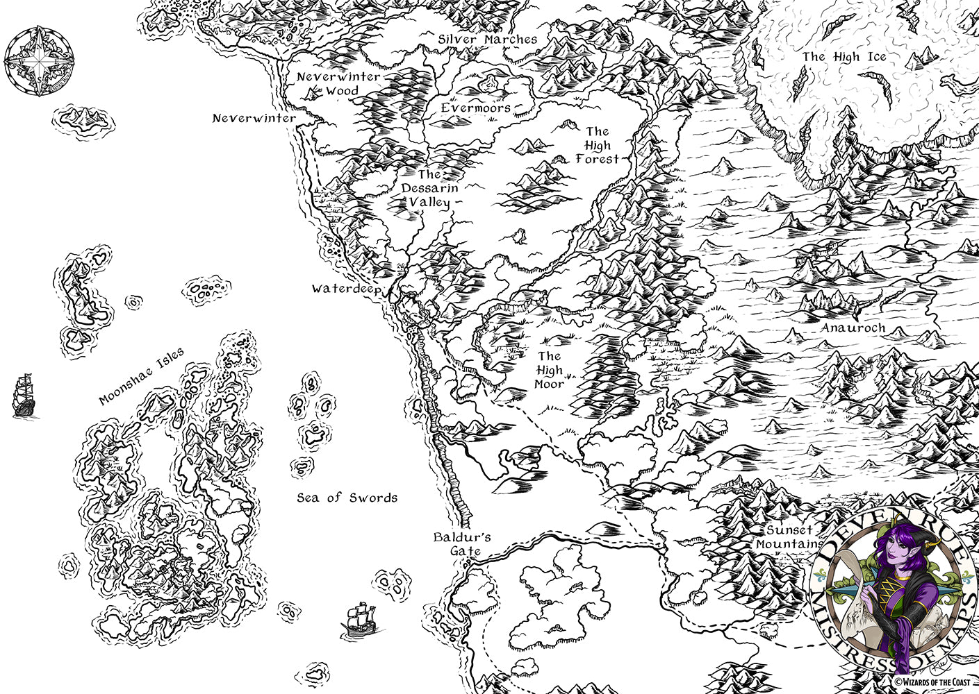 A black and white rendering of the Sword Coast in Deven Rue's signature style.