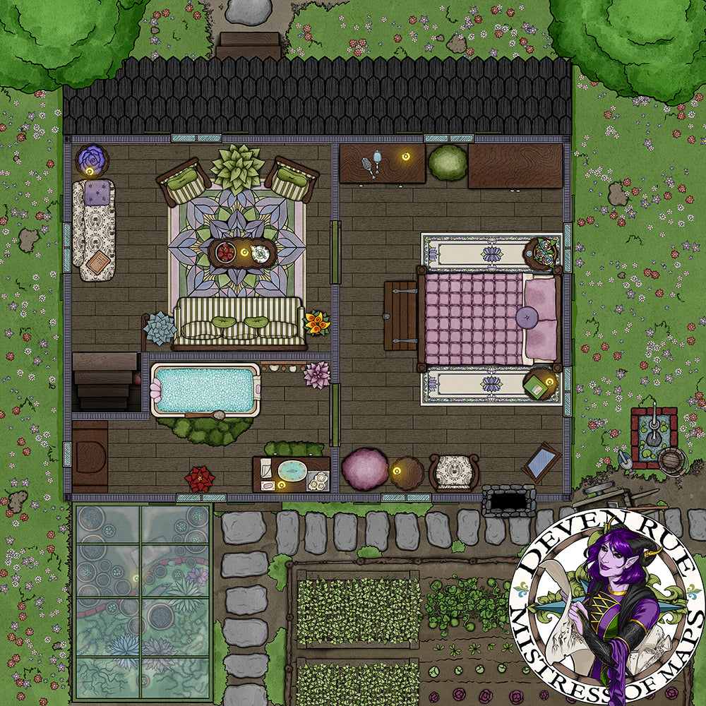 A graphic showing the second floor of the Blooming Bounty Apothecary during a spring day.