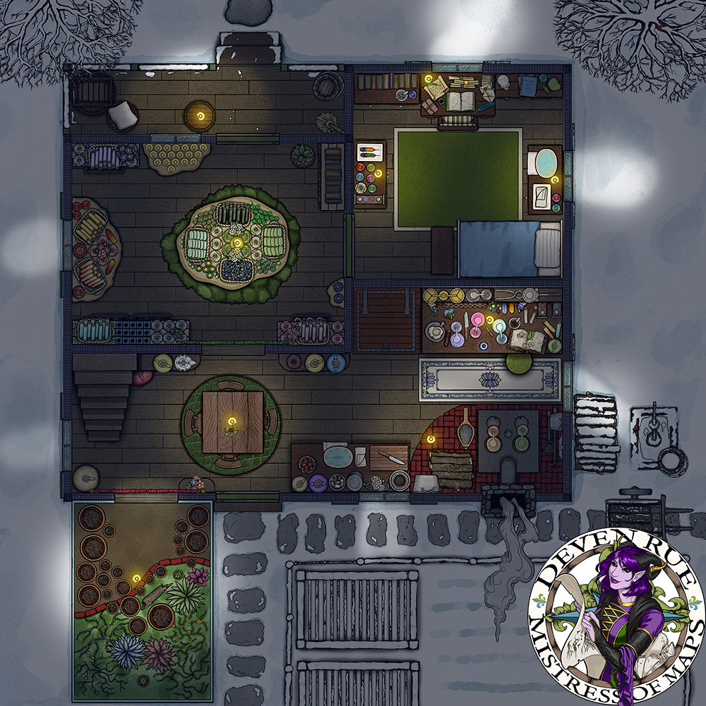 A graphic showing the map of the Blooming Bounty Apothecary during a winter night.