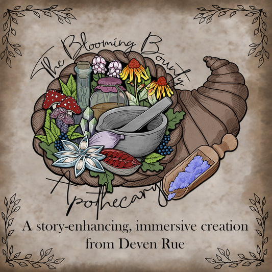 A cornucopia filled with herbs, fungi, and apothecary implements. "The Blooming Bounty Apothecary: A story-enhancing, immersive creation from Deven Rue"