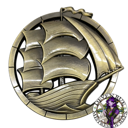 One side of a render of a ship token. The ship seems to be sailing through a ring.