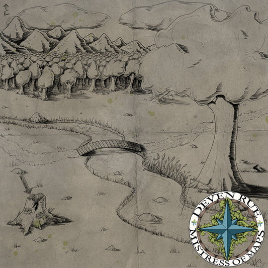 A hand drawn illustration of a creek crossing with forest and mountains in the distance. An arrow points to a hollow log in the foreground.
