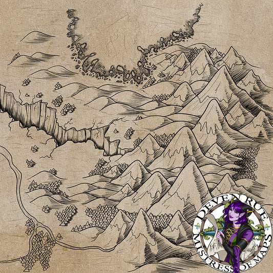 An illustrated map of mountains leading into foothills with a large chasm running through plains.