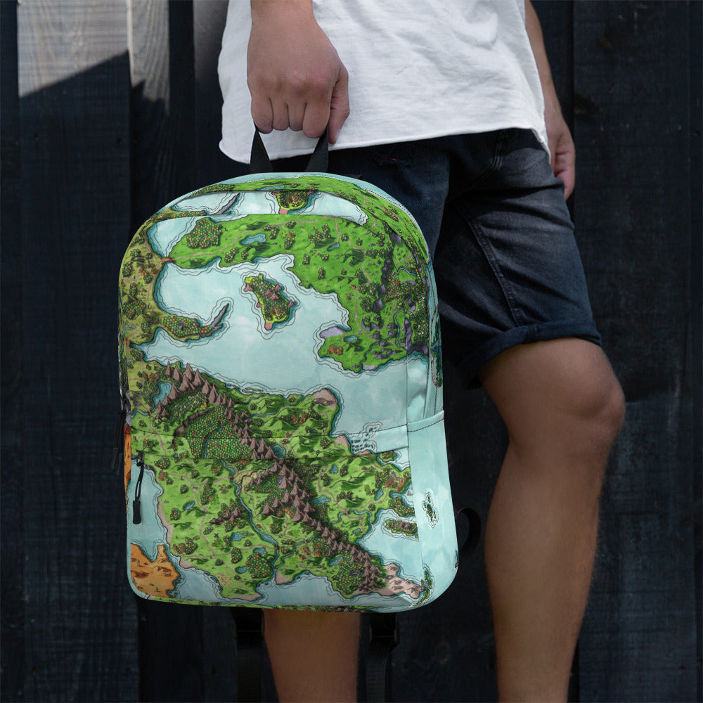 A model holds a backpack with the Euphoros map by Deven Rue printed on it.