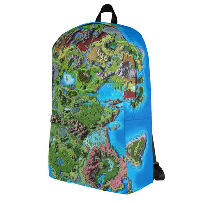 Right side view: A backpack with the Taur'Syldor map by Deven Rue printed on it.