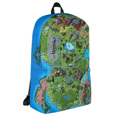 Left side view: A backpack with the Taur'Syldor map by Deven Rue printed on it.