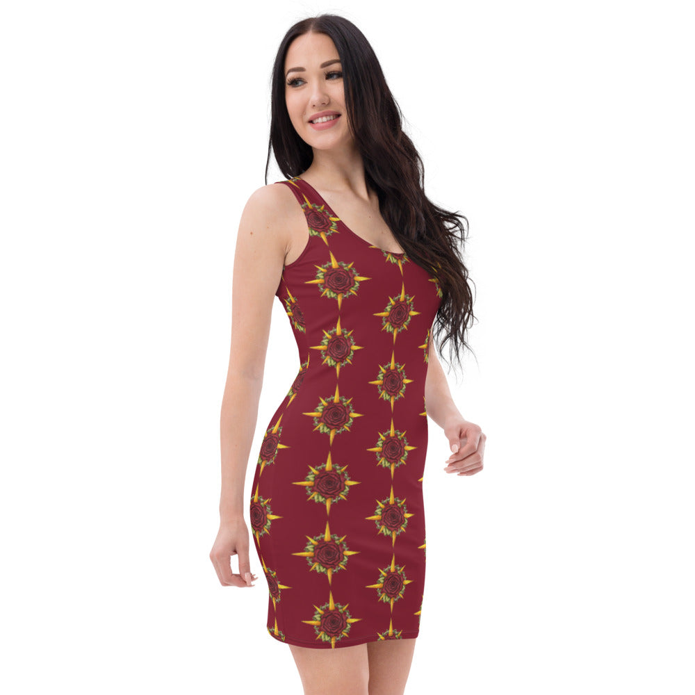 A model wears a fitted tank dress in burgundy with the Druid Compass Rose in a pattern all over it, other side view.