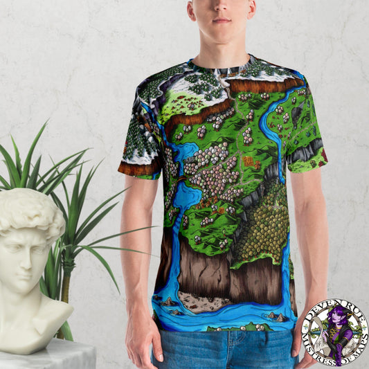 A model wears an all over print t-shirt with the Steppes of Augrudeen map by Deven Rue on it.