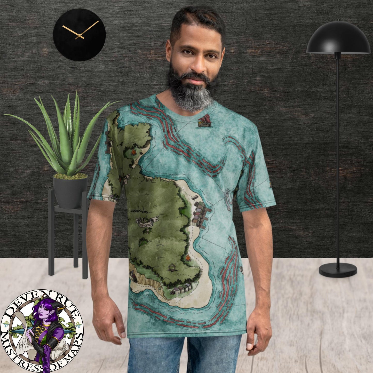 A model wears a tee shirt with the Blood Reef Isle map by Deven Rue printed all over it.
