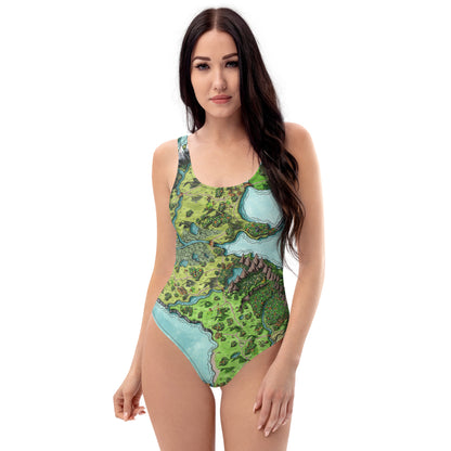 A model wears the Euphoros one piece swimsuit by Deven Rue.