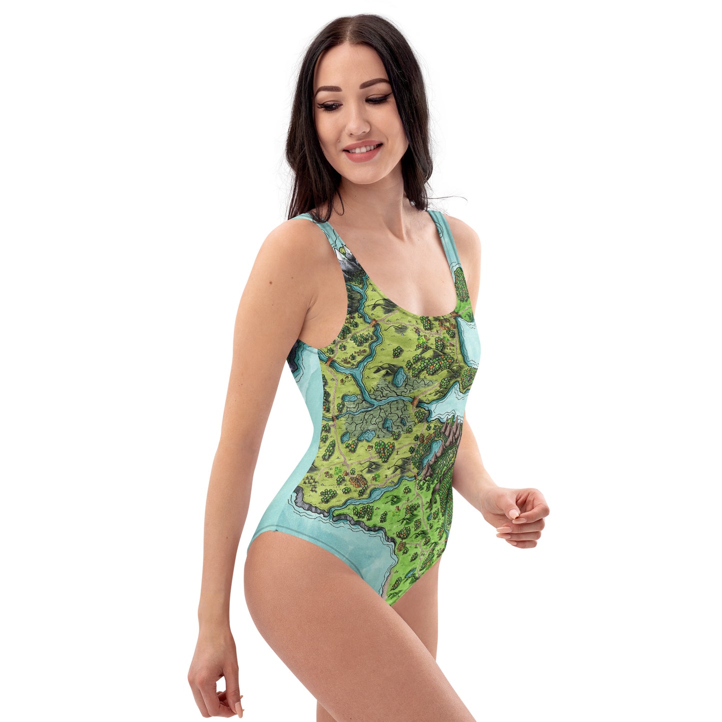 A model wears the Euphoros one piece swimsuit by Deven Rue, right view.