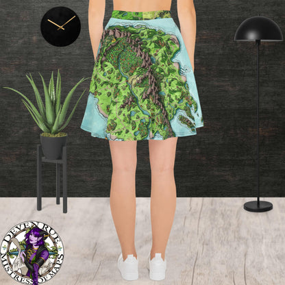 Back view: A model wears the Euphoros map by Deven Rue on a skater skirt.