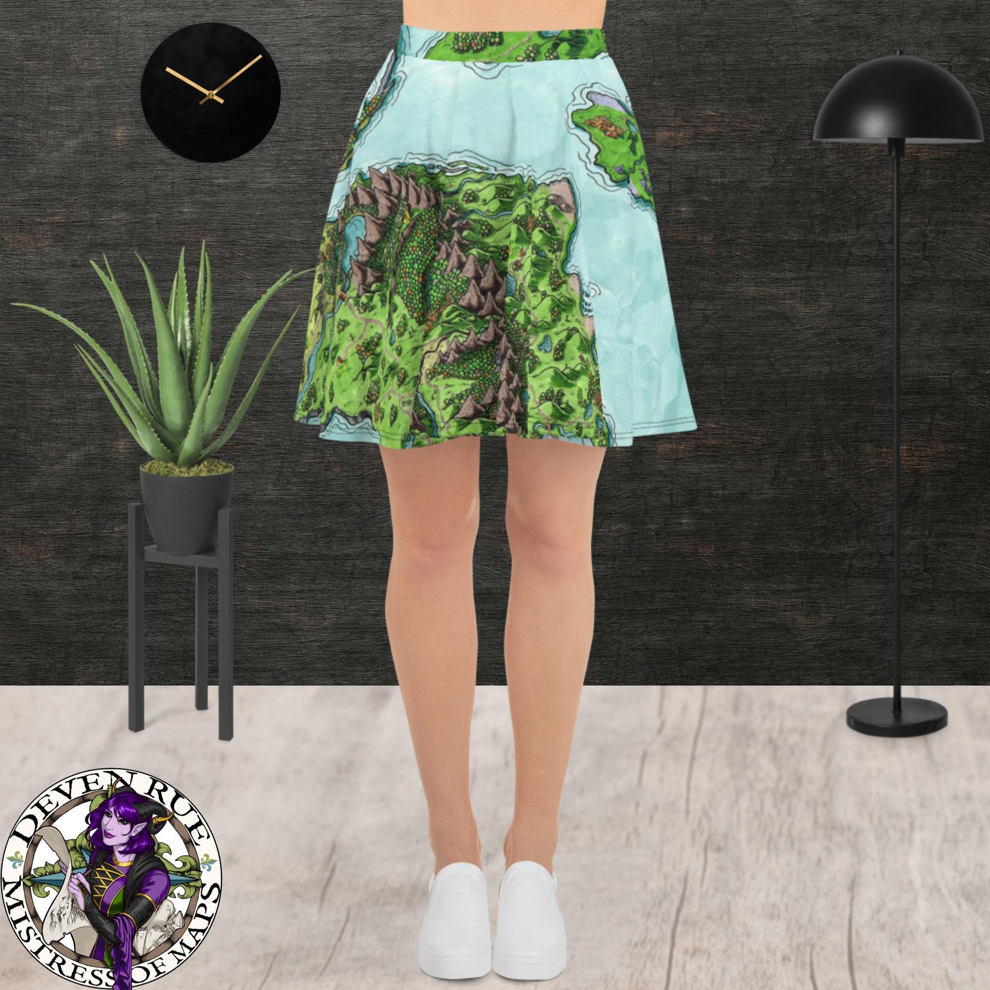 A model wears the Euphoros map by Deven Rue on a skater skirt.