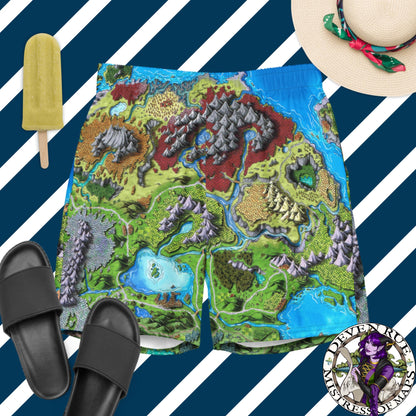 Swim trunks with the Taur'Syldor map sit on a blue and white striped surface with sandals, hat, and ice cream pop.