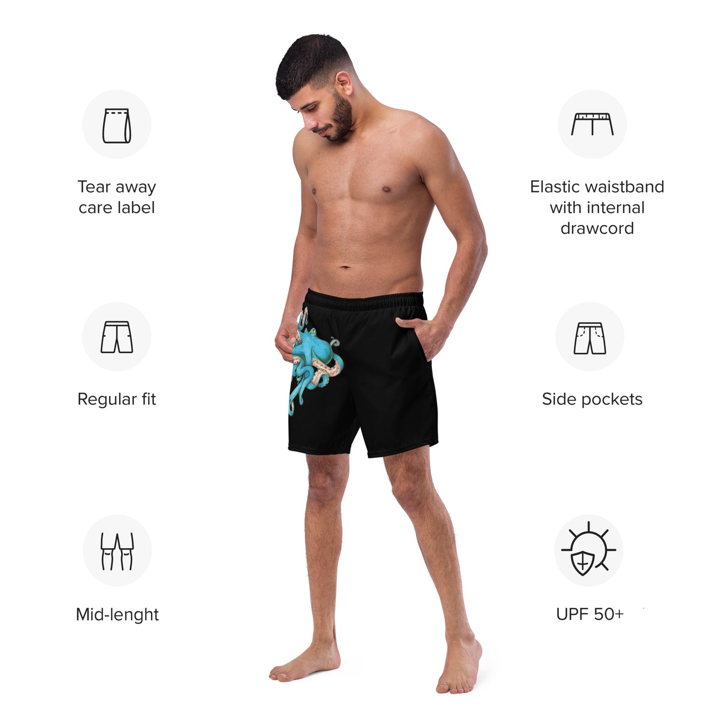 A model wears the Tangled Octopus swim trunks by Deven Rue, surrounded by product specifications.