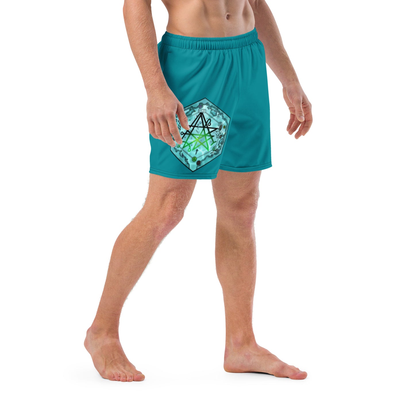 A model wears teal swim trunks with the Discovering the Gate hex map by Deven Rue.