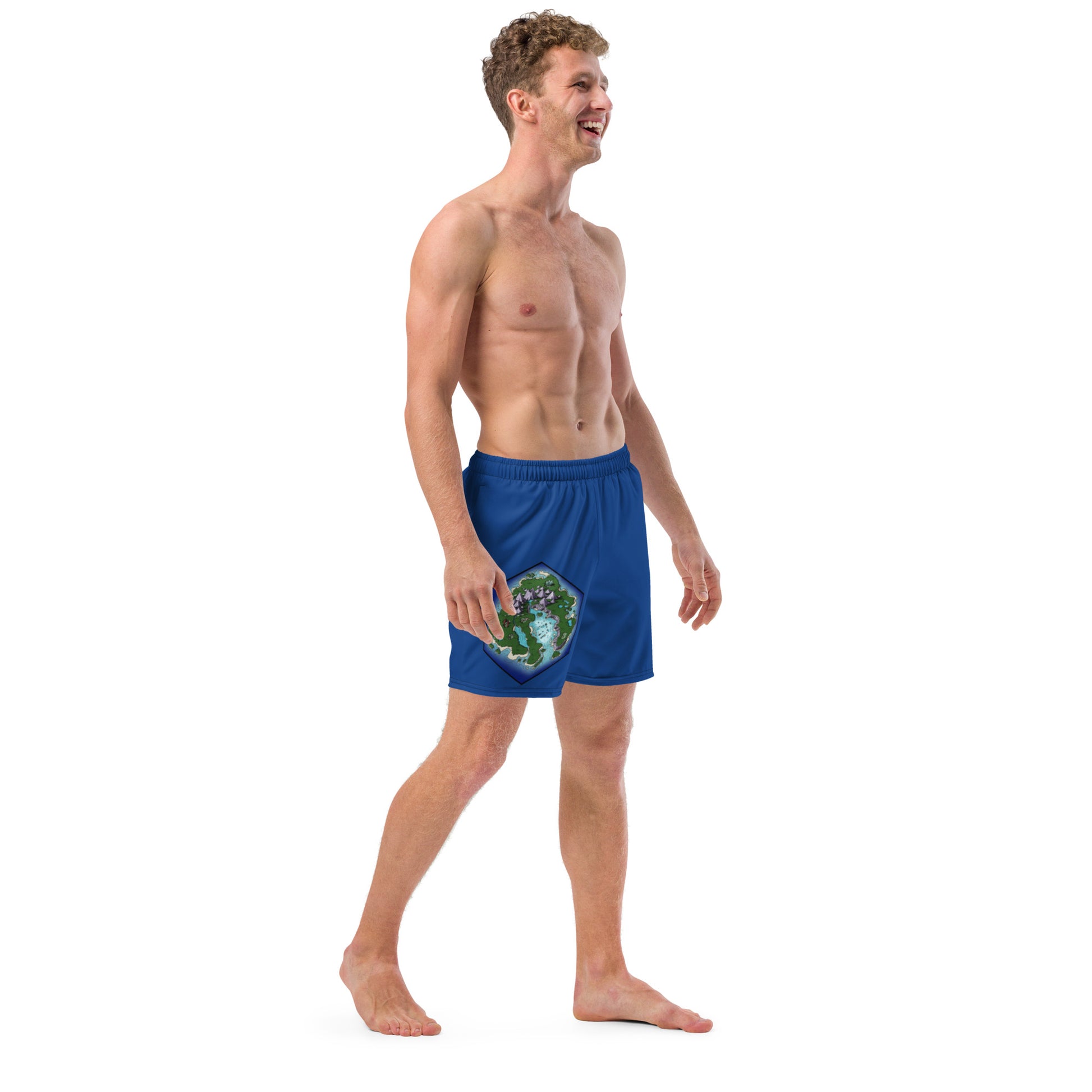 A model wears blue swim trunks with the Skycaller Island hex map by Deven Rue.