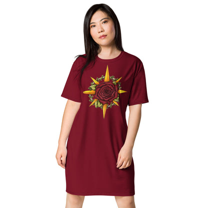 A model wears a burgundy t-shirt dress with the Druid Compass Rose illustration on the front.