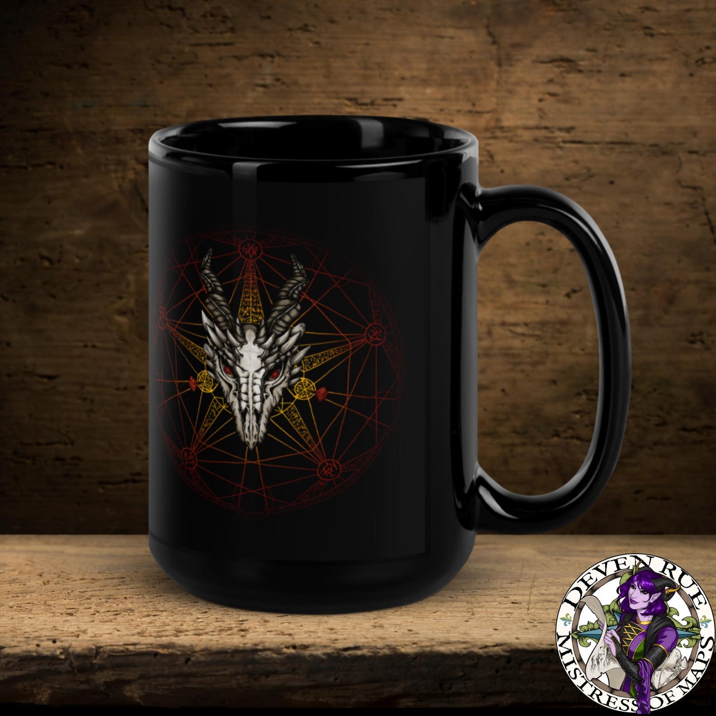 The 15 oz black mug has the red dragon summoning circle printed on it, appearing out of the darkness.
